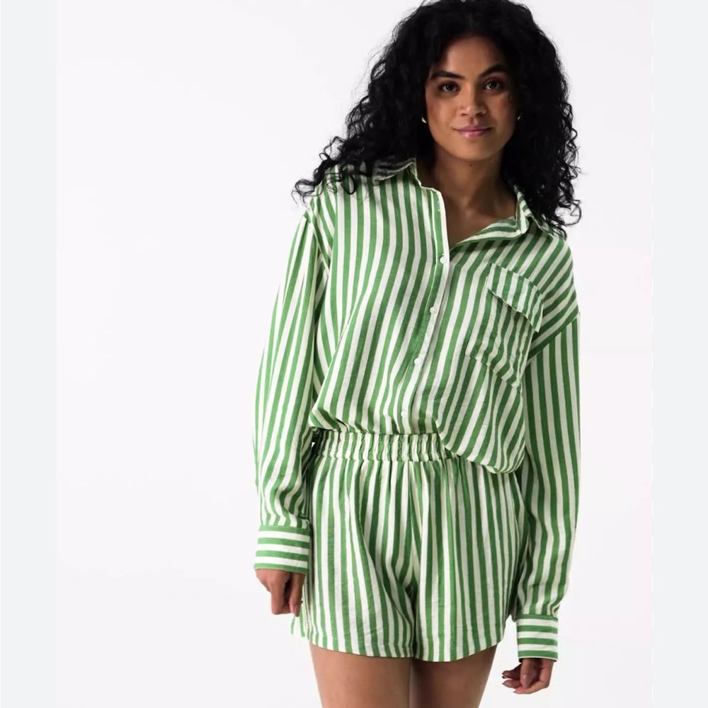 Forever21 Green and White Striped Romper Sleep Shorts Set